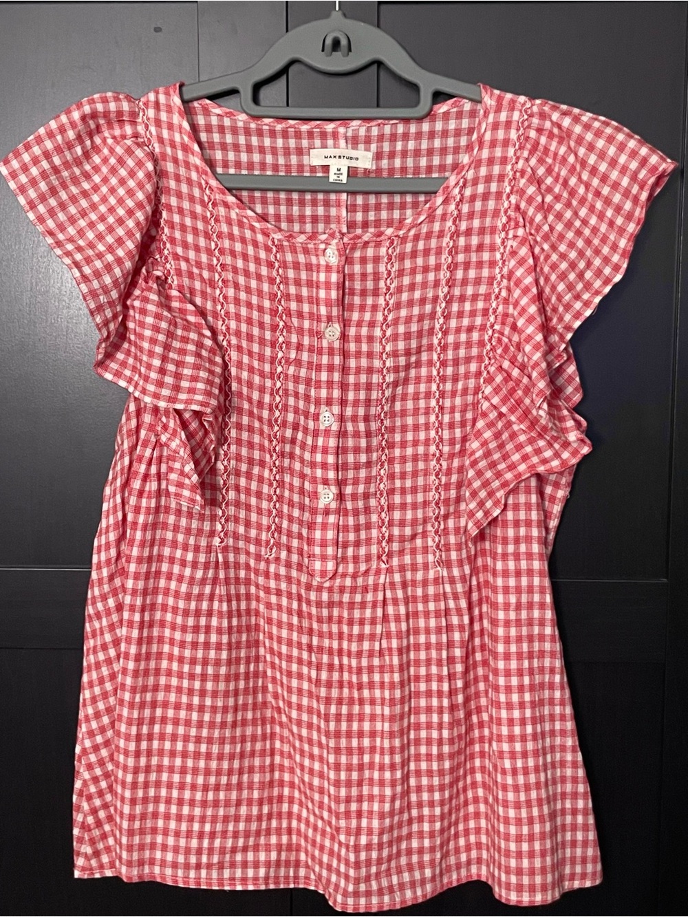 Max Studio ~ Red & White Gingham Flutter Sleeve Blouse - Medium - Picture 2 of 7